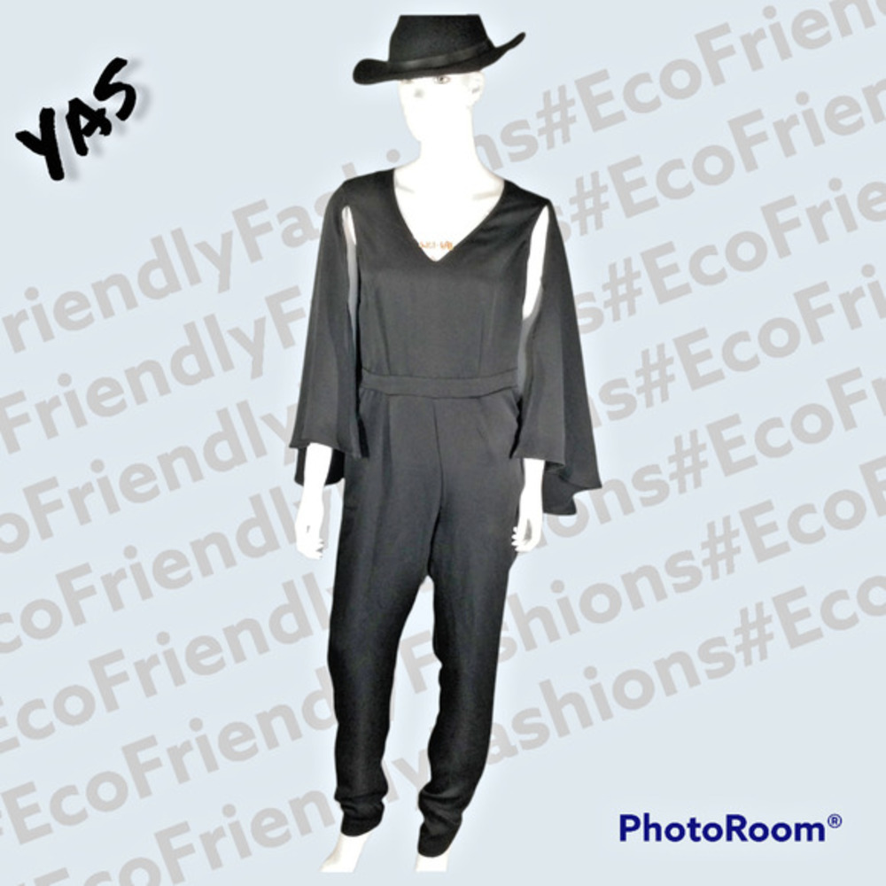 Y.A.S Women's Cape Jumpsuit Black Deep Neck One Piece Size Small